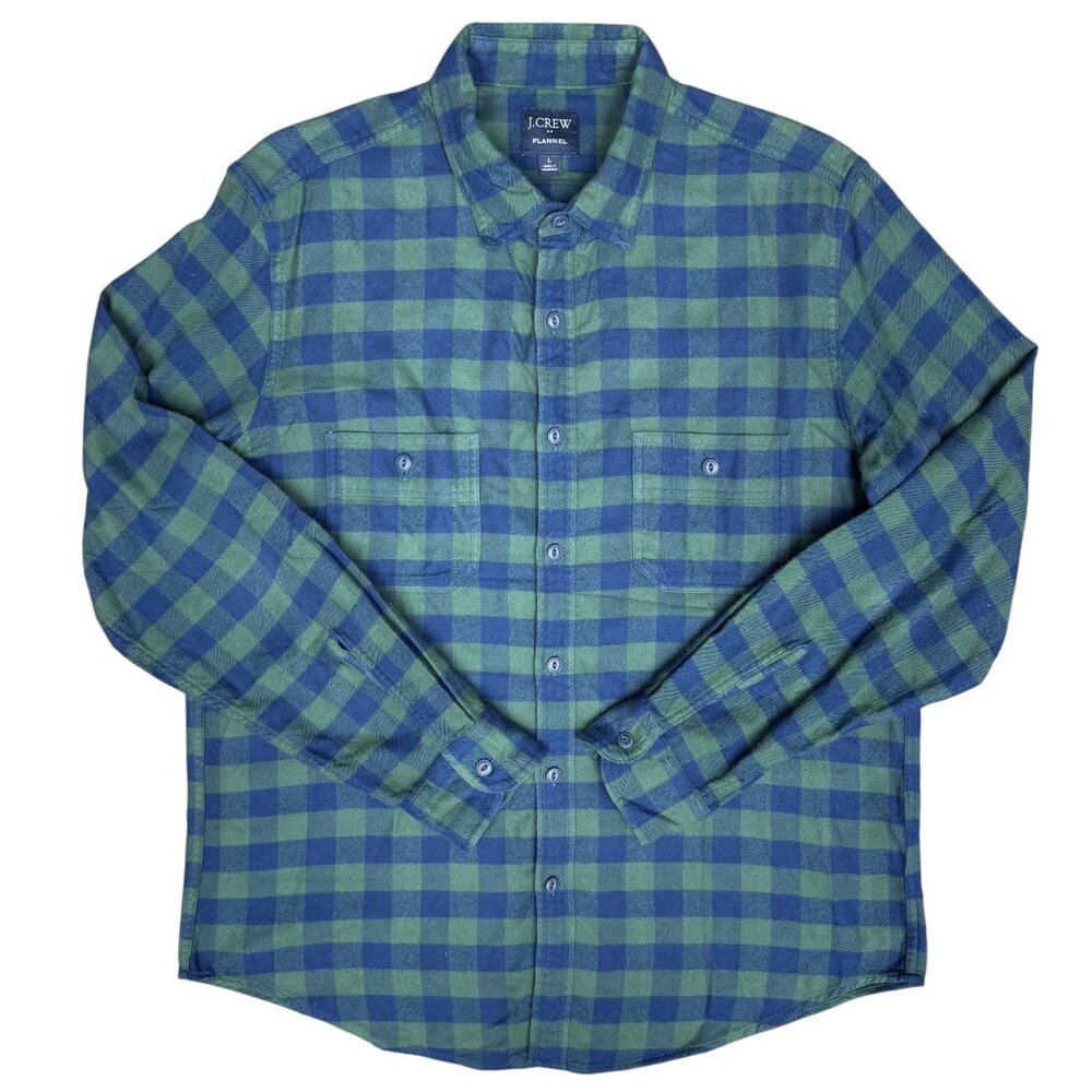 EUC Men's J. CREW Flannel Button Down Camp Shirt Navy and Green Gingham | Size L